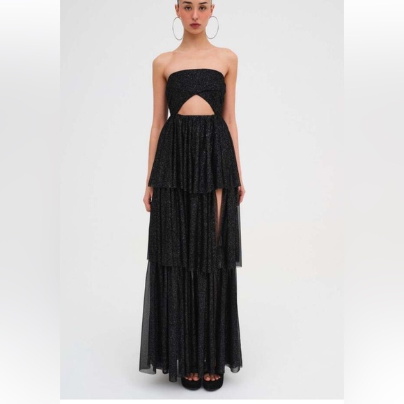 😍NWT For Love & Lemons Black Maxi ruffle strapless gown dress 😍❤️‍🔥New Years Eve - Picture 2 of 11